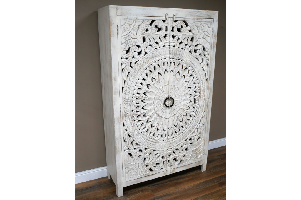 6ft tall ornate hand carved rustic wood white armoire storage cupboard.
