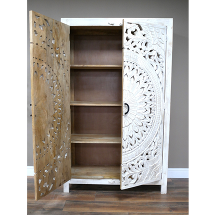 6ft tall ornate hand carved wood white armoire storage cupboard