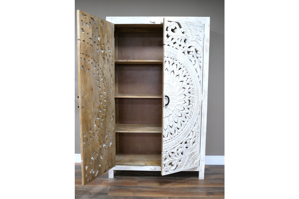 6ft tall ornate hand carved rustic wood white armoire storage cupboard.