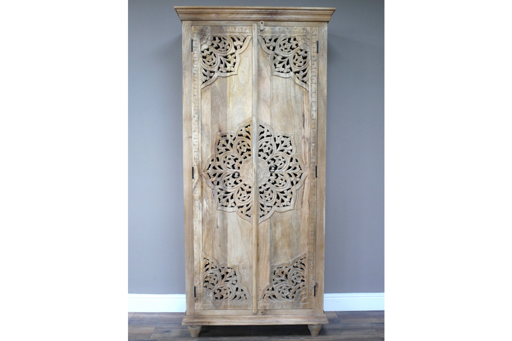 Tall slim rustic wood ornate hand carved storage cupboard