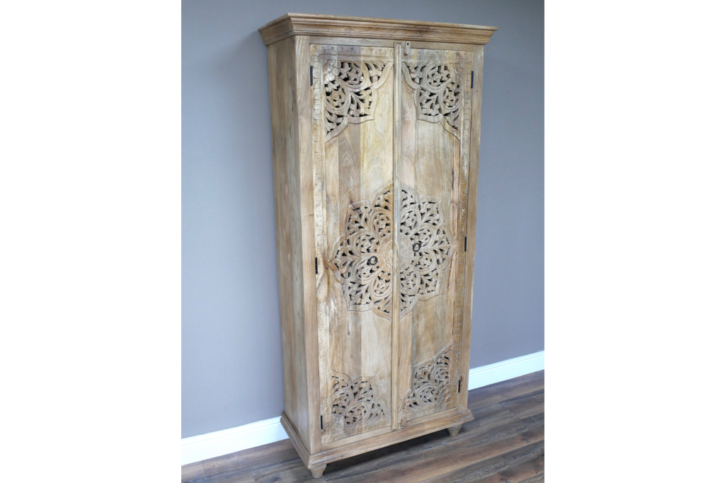 Tall slim rustic wood ornate hand carved storage cupboard