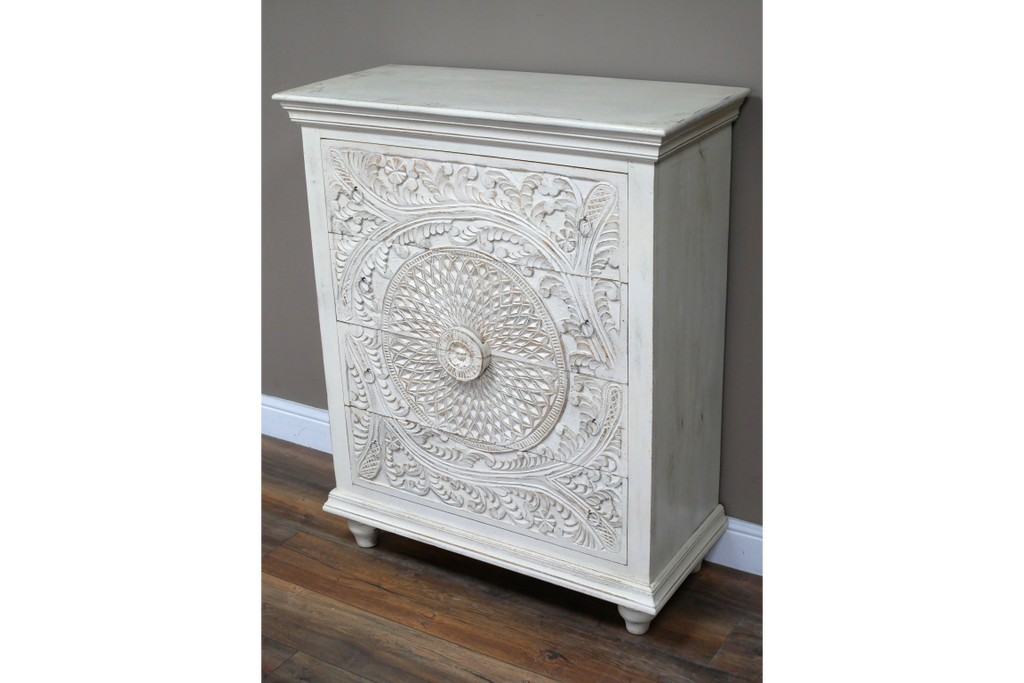 Whitewashed ornate carved wood chest of drawers
