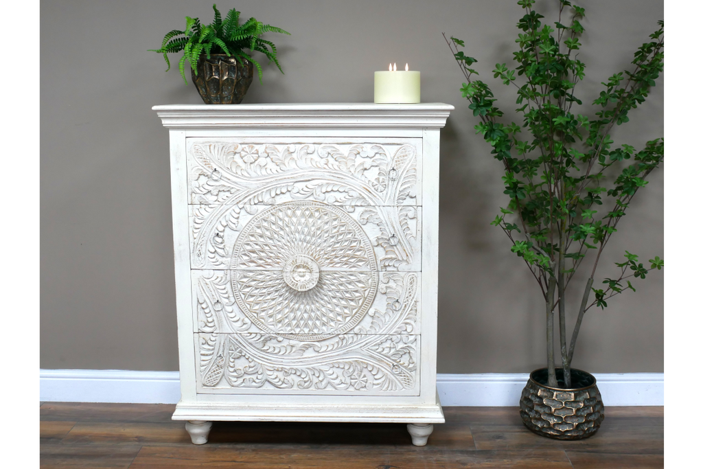 Whitewashed ornate carved wood chest of drawers