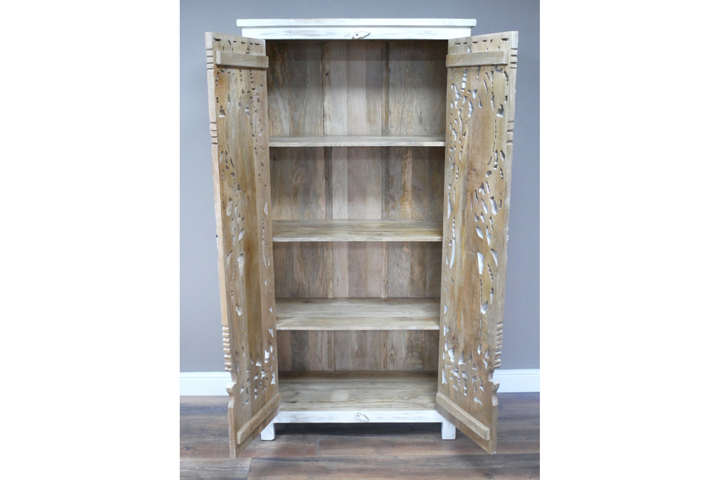 6ft tall ornate hand carved artisan whitewashed shelved armoire cabinet