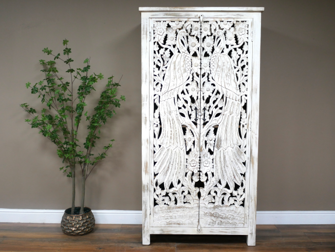 6ft tall ornate hand carved artisan whitewashed shelved armoire cabinet