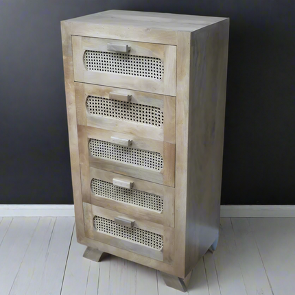 Tall slim rattan wood & rattan chest of 5 drawers