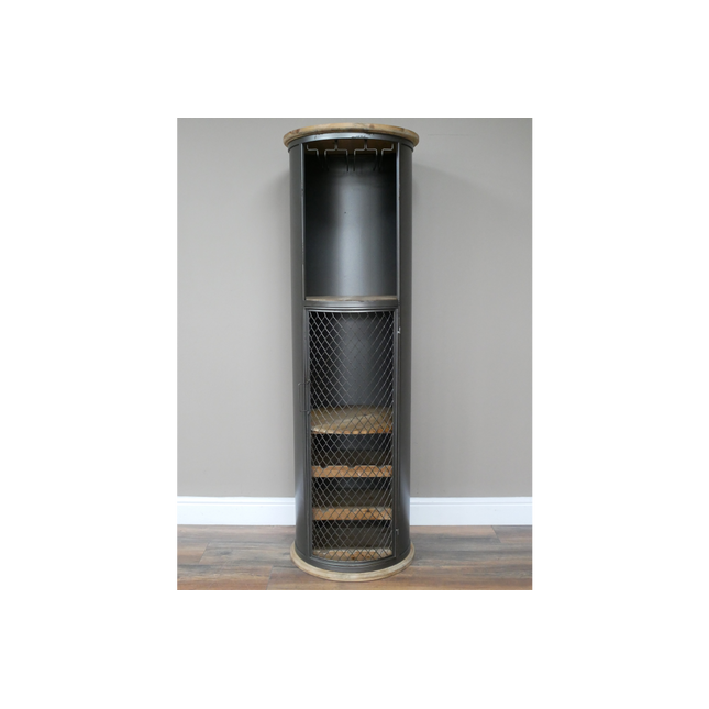 Tall slim round black iron drinks cabinet