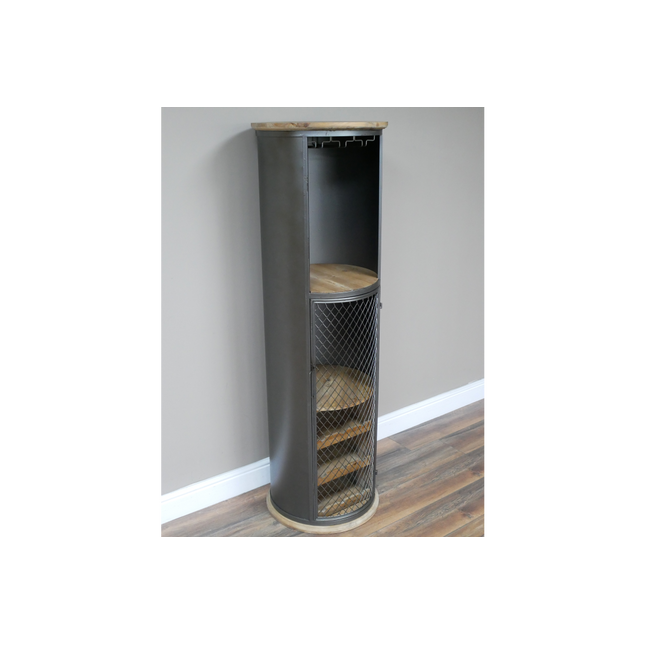 Tall slim round black iron drinks cabinet
