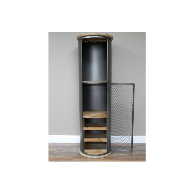 Tall slim round black iron drinks cabinet