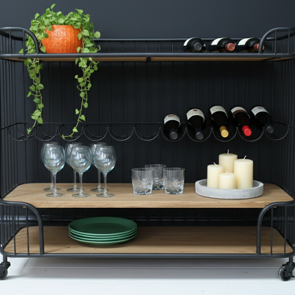 Black metal wine & drinks trolley on wheels UK - Elderflower Lane