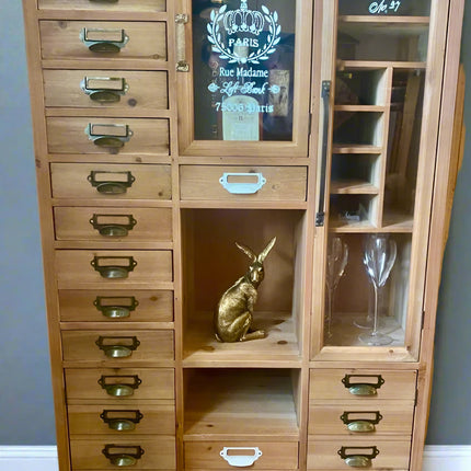 Tall slim rustic wood multi drawer storage display cabinet