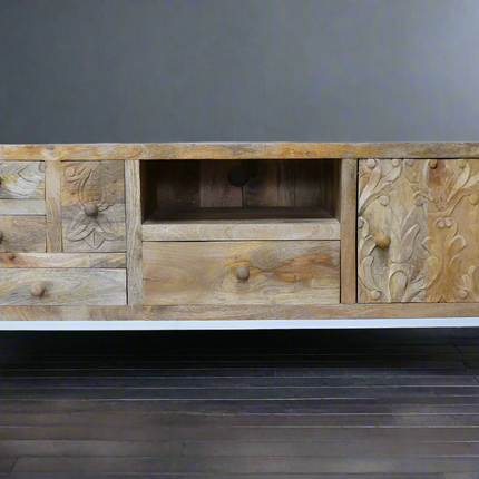 Carved wood tv storage cabinet