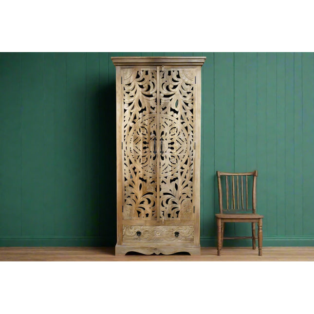 Tall ornate carved natural wood shelved cupboard