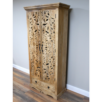 Tall ornate carved natural wood shelved cupboard - Back in stock September