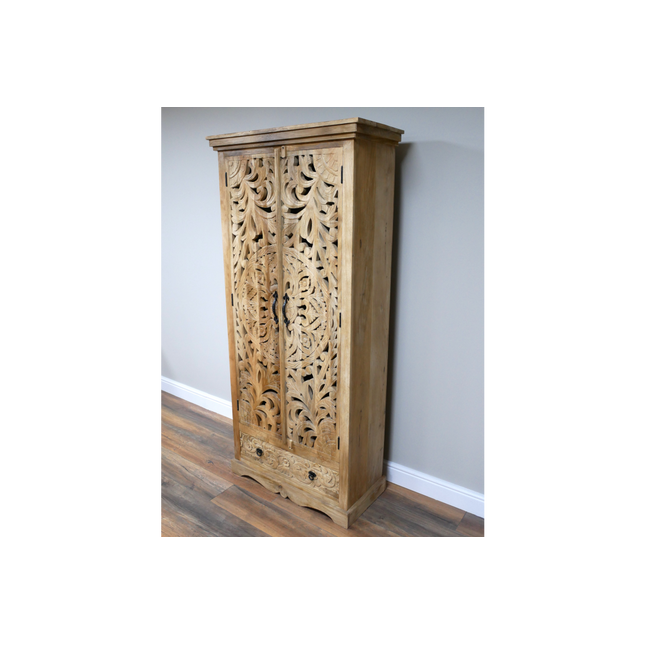 Tall ornate carved natural wood shelved cupboard - Back in stock September