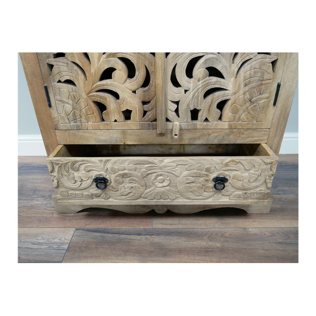 Tall ornate carved natural wood shelved cupboard - Back in stock September