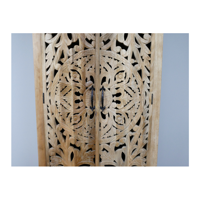Tall ornate carved natural wood shelved cupboard - Back in stock September