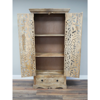 Tall ornate carved natural wood shelved cupboard - Back in stock September