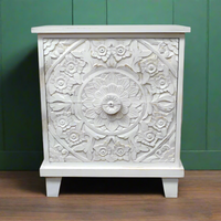 Pair of white carved wood 2 drawer bedside cabinets uk