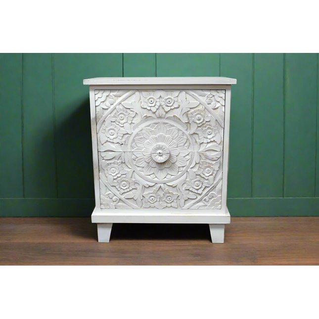 Pair of white carved wood 2 drawer bedside cabinets