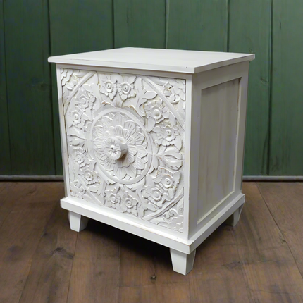 Pair of white carved wood 2 drawer bedside cabinets