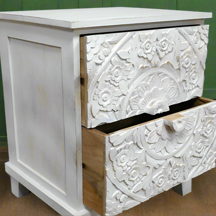 Pair of white carved wood 2 drawer bedside cabinets