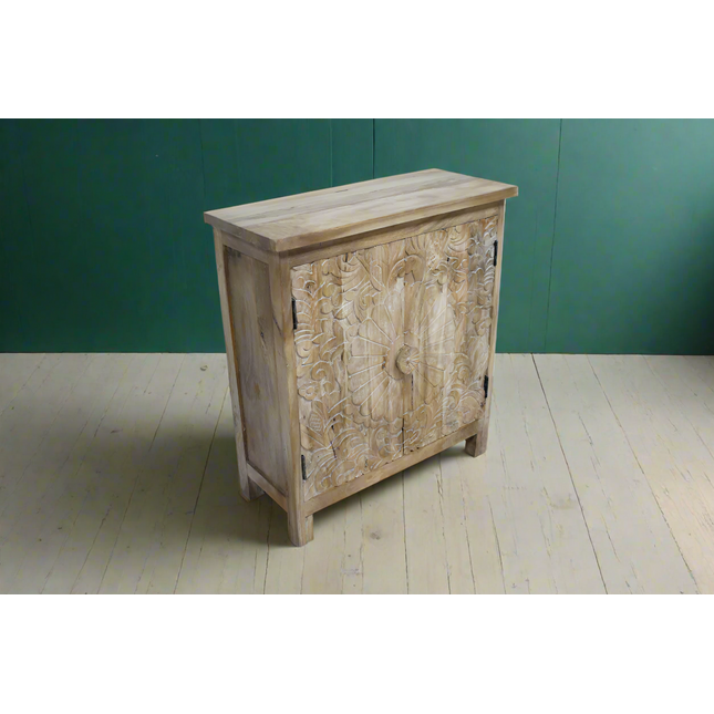 Rustic natural wood carved 2 door cupboard