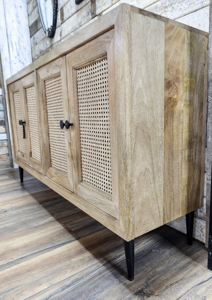 Large rustic acacia wood & rattan sideboard - storage cabinet.