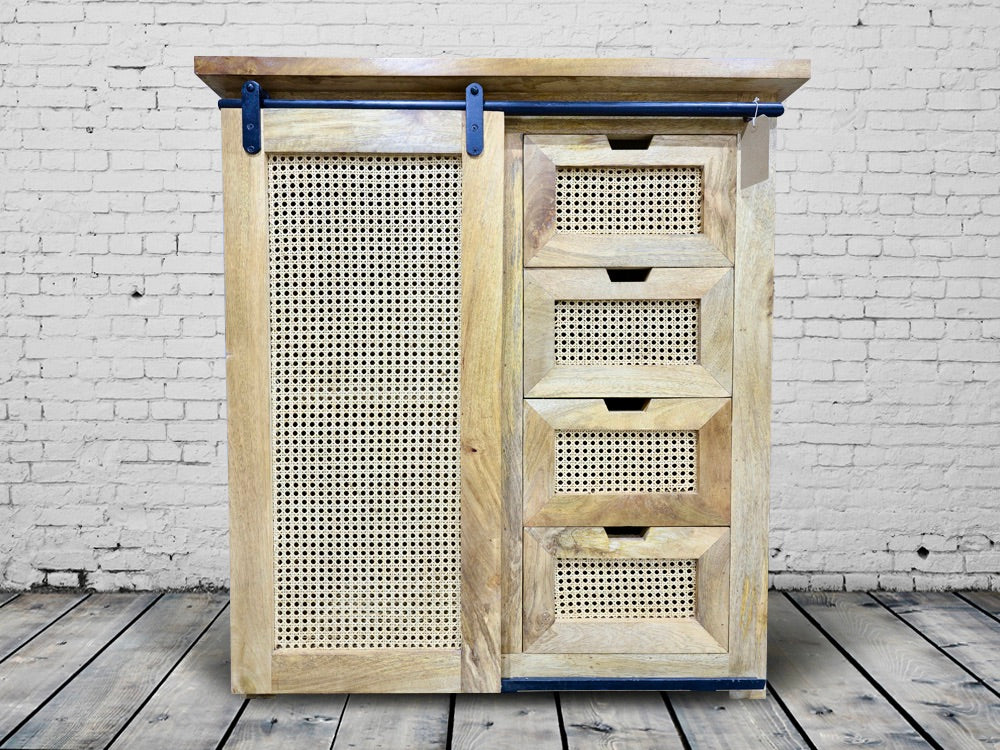 Rustic wood & rattan storage/ small sideboard cabinet