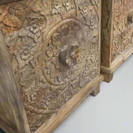Pair of carved natural wood 2 drawer bedside cabinets