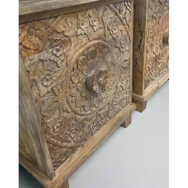 Pair of carved natural wood 2 drawer bedside cabinets