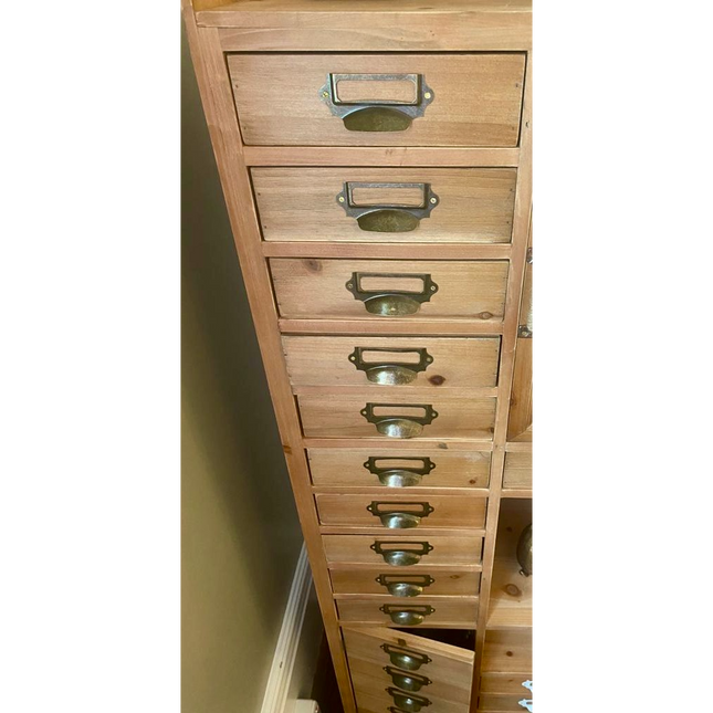Tall slim rustic wood multi drawer storage display cabinet