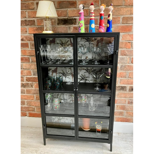 Black metal glazed industrial jungle display cabinet