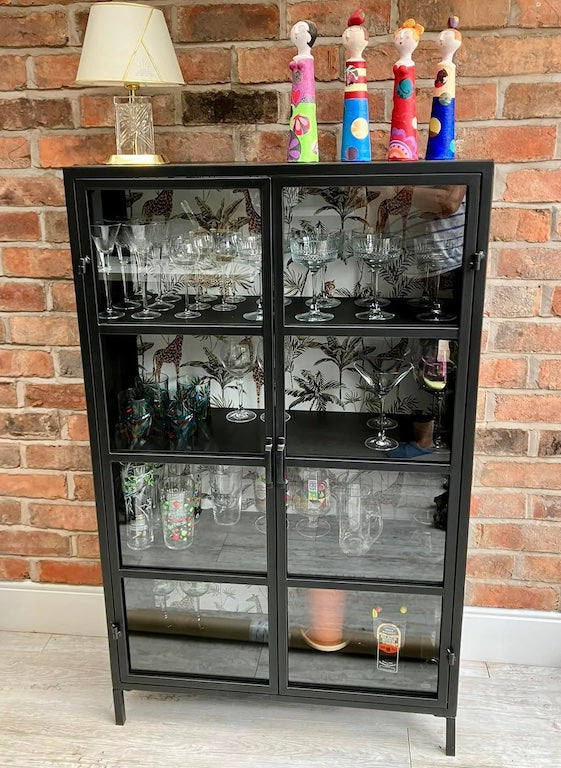 Black metal & glass industrial jungle display cabinet