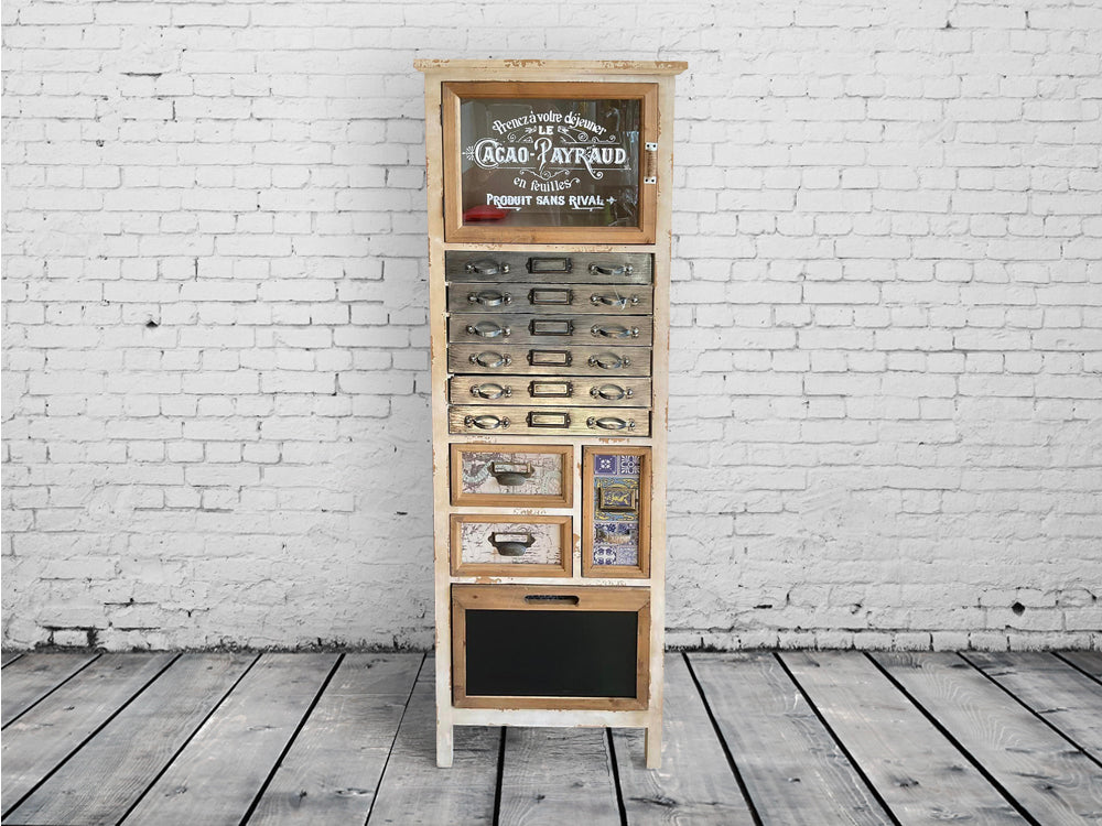 Cream vintage wooden multi drawer storage cabinet