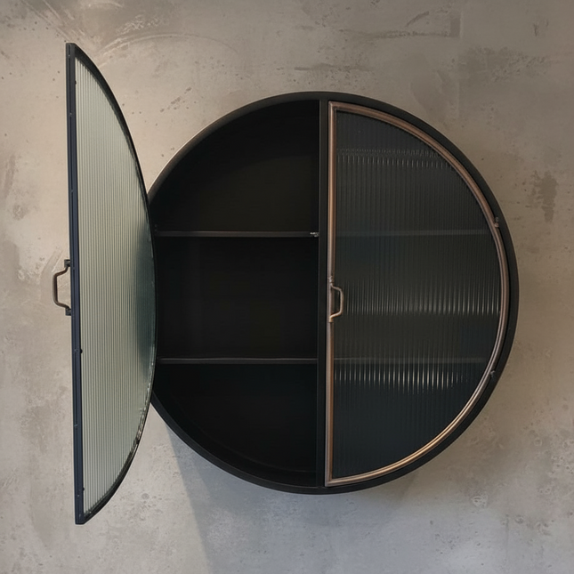 Big round black metal wall cabinet with ribbed glass double doors