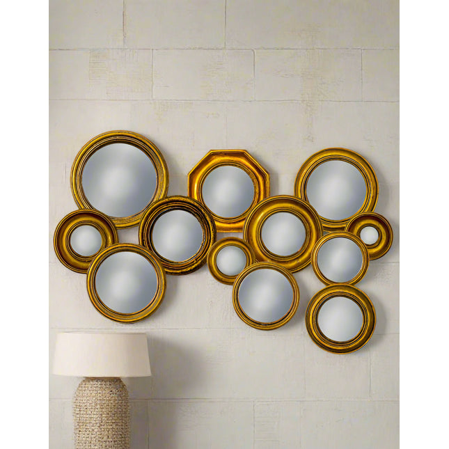 Set of 12 assorted convex gold framed mirrors - back in stock mid June