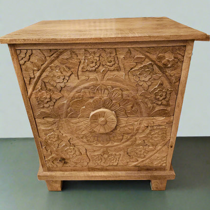 Pair of carved natural wood 2 drawer bedside cabinets