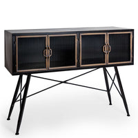 Black metal & ribbed glass leggy wide storage cabinet