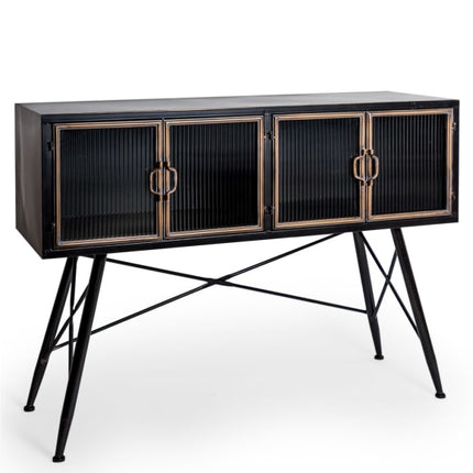 Black metal & ribbed glass leggy wide storage cabinet