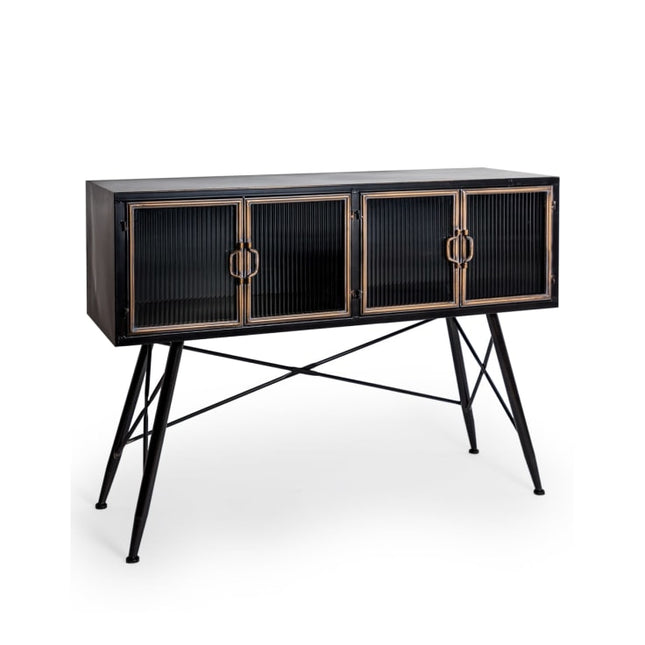 Black metal & ribbed glass leggy wide storage cabinet