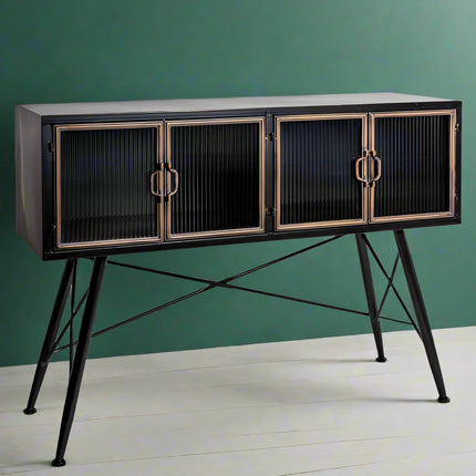 Black metal & ribbed glass leggy wide storage cabinet