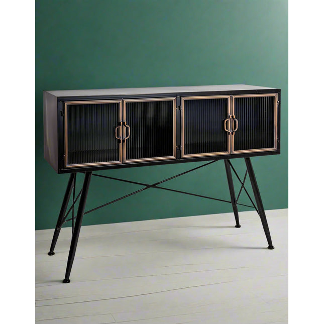 Black metal & ribbed glass leggy wide storage cabinet