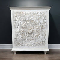 White ornate carved wood chest of 4 drawers