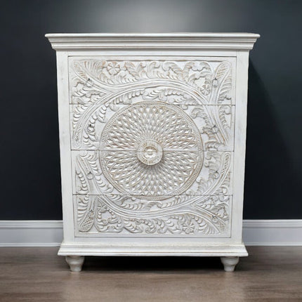 White ornate carved wood chest of 4 drawers