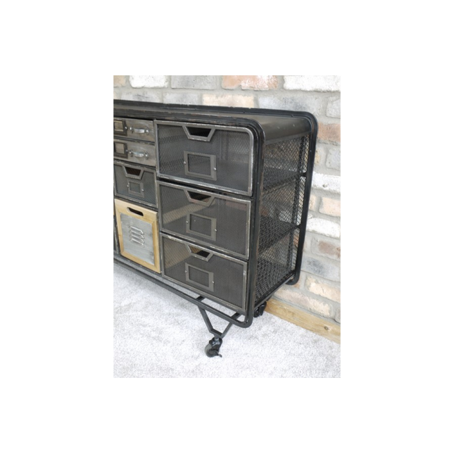 Wide black metal multi compartment storage cabinet