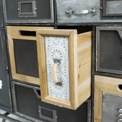 Wide black metal multi compartment storage cabinet