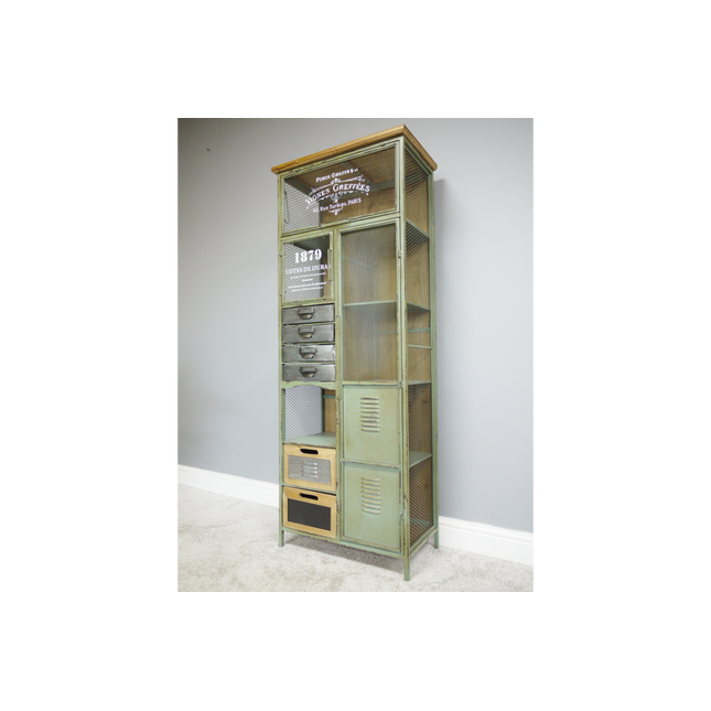 Tall green metal multi drawer storage display cabinet