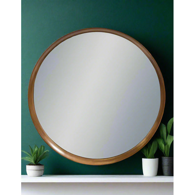 Large round oak wood framed wall mirror - 80cm x 80cm