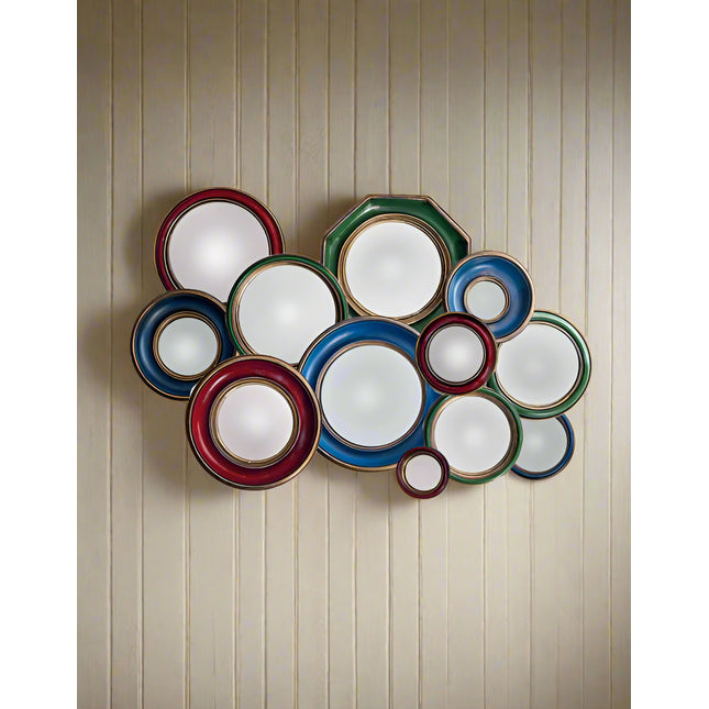 Set of 36 convex blue-red-green and gold framed mirrors